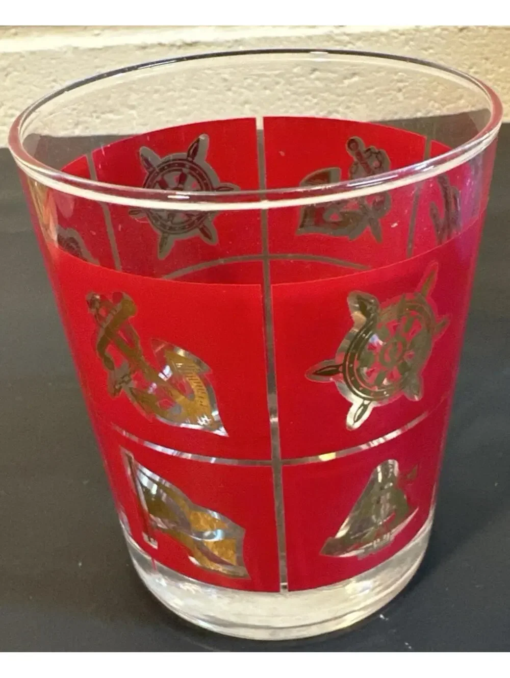 4 Vtg MCM Blue, Yellow, Red & Green Nautical Ship Whiskey Rocks Glasses France